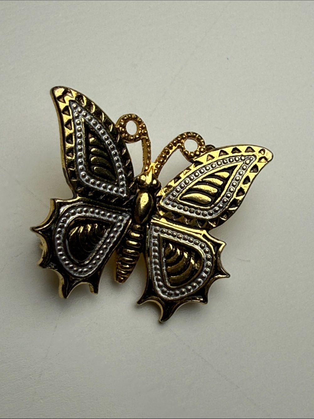 Vintage damascene sweet Gold Tone Butterfly Brooch pin with Silver tone Accents